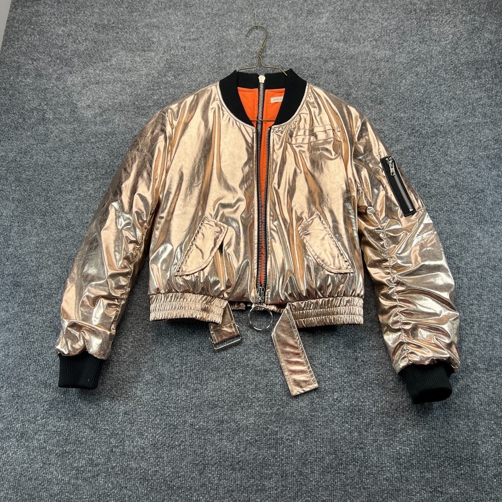 Hot & Delicious Metallic Rose Gold Bomber Jacket Small Crop Orange Lining Belted